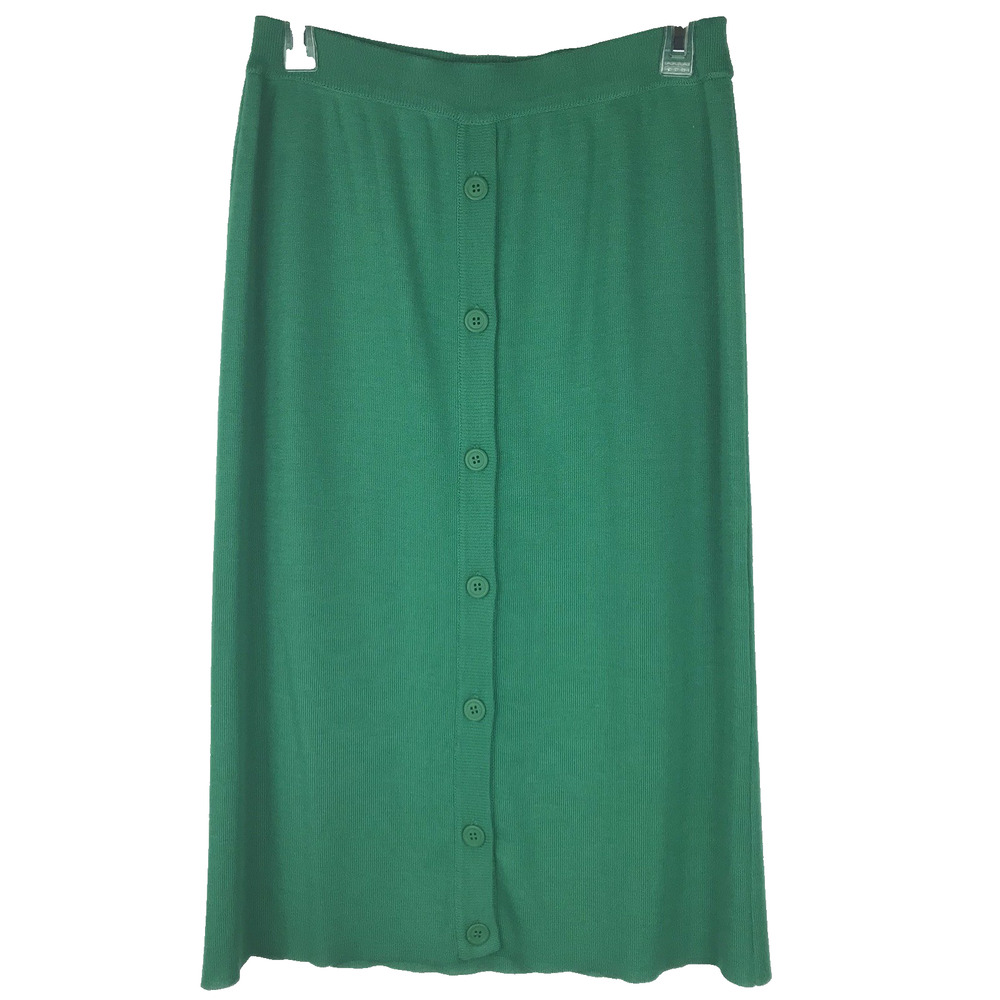 VTG Mondi Wool Blend Midi Skirt Knit Button Front Elastic Waist Green 40 Small